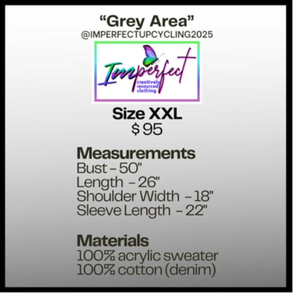 Upcycled grey sweater with denim sleeves - Picture 2 of 2